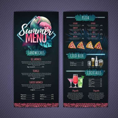 Flamingo ve tropik yapraklı yaz menüsü tasarımı. Restoran menüsü