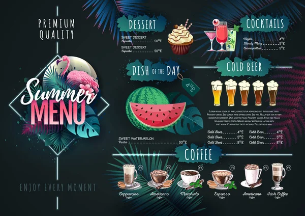 Design de menu de verão com flamingo e folhas trópicas. Menu restaurante — Vetor de Stock