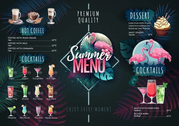 Diseño de menú de verano con flamenco y hojas tropicales. Menú restaurante — Vector de stock