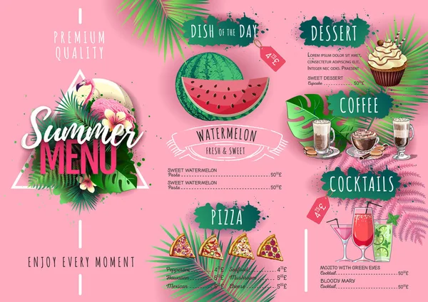 Sommermenü mit Flamingo und tropischen Blättern. Speisekarte — Stockvektor