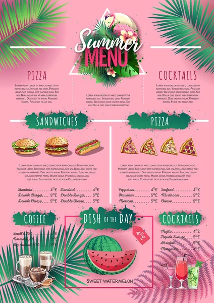 Zomer menu ontwerp met flamingo en tropisch blad. Restaurant menu — Stockvector