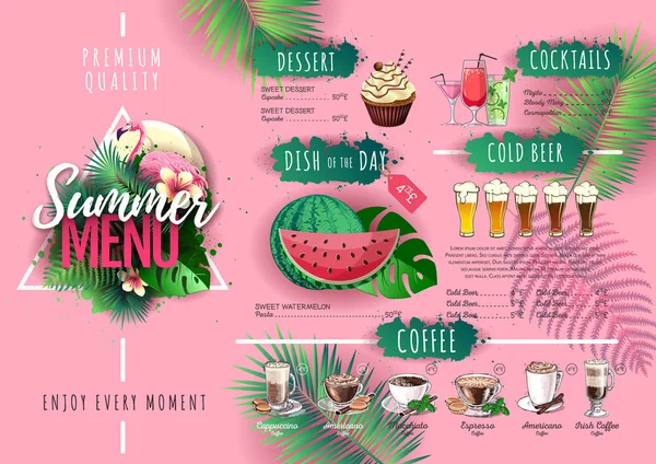 Diseño de menú de verano con flamenco y hojas tropicales. Menú restaurante — Vector de stock