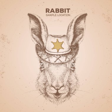 Şerif şapkalı Retro Hipster hayvan tavşanı. El çizimi Hayvan tavşanı ağzı