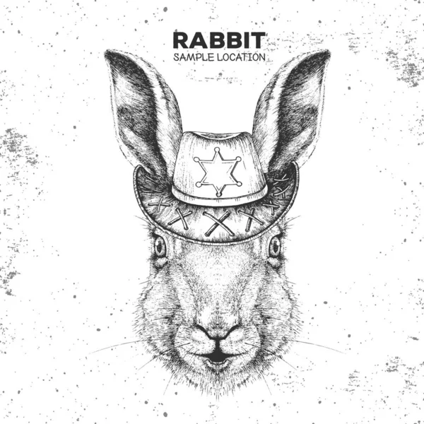Conejo animal retro Hipster con sombrero de sheriff. Dibujo a mano Bozal de conejo animal — Vector de stock