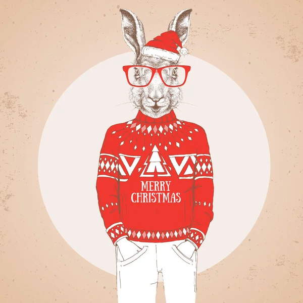 Рождественский хипстер модный кролик, одетый в новогоднюю шляпу и свитер — стоковый вектор