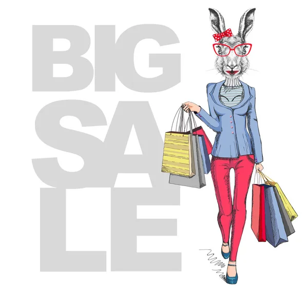 Retro Hipster Tier Kaninchen. großer Verkauf Hipster-Poster mit Frau Modell — Stockvektor