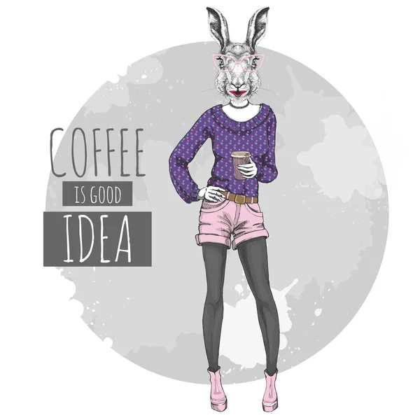 Retro Hipster moda animal coelho com café. Modelo de mulher —  Vetores de Stock