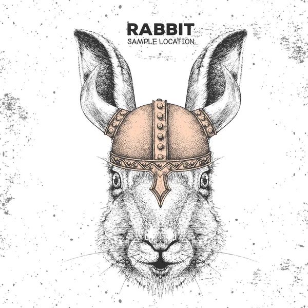 Conejo animal Hipster con casco vikingo. Dibujo a mano Bozal de conejo — Vector de stock