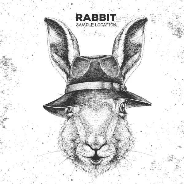 Conejo animal Hipster con sombrero. Dibujo a mano Bozal de conejo — Vector de stock