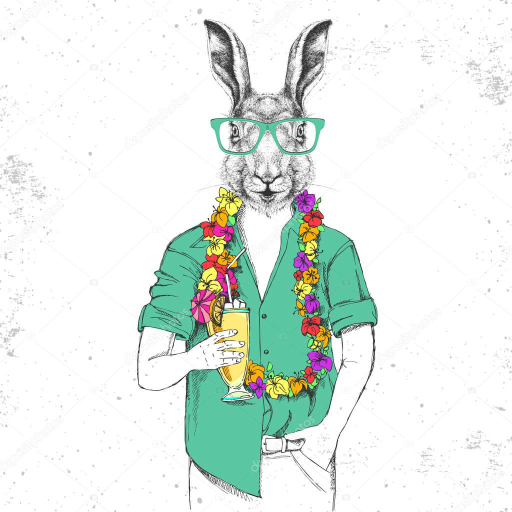 Retro Hipster animal rabbit with tropic cocktail