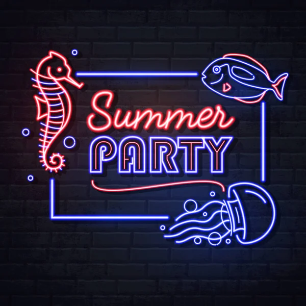 Neon sign summer party with sea hourse, fish and jellyfish. Vintage electric signboard. — Stock Vector