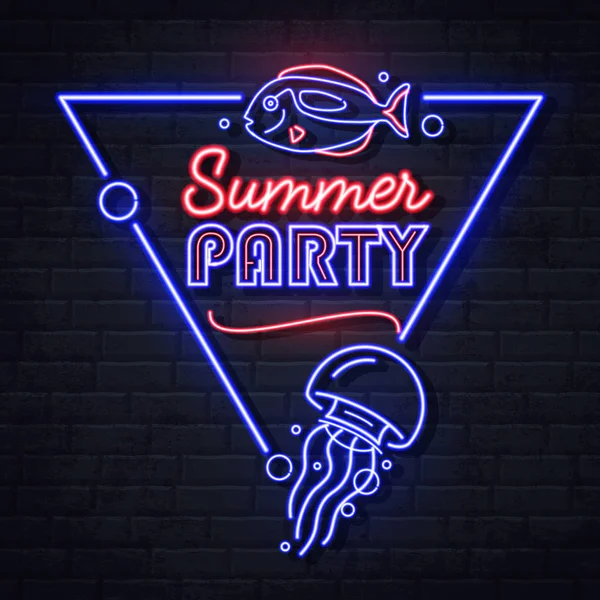 Neon sign summer party with fish and jellyfish. Vintage electric signboard. — Stock Vector