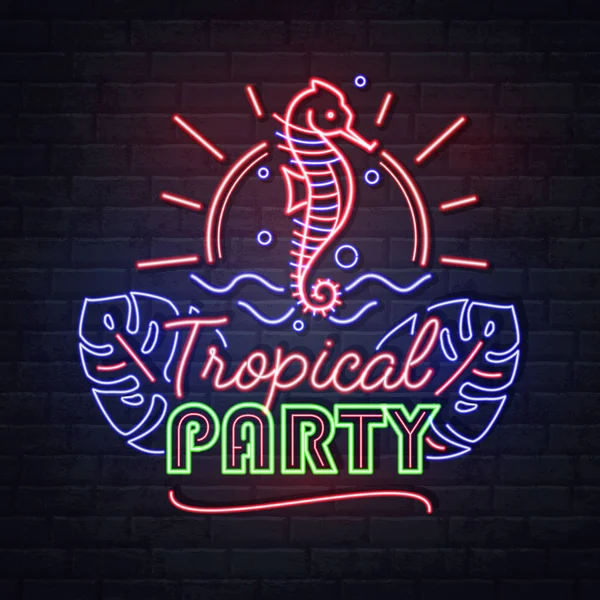 Neon sign tropic party with sea hourse and tropic leaves. Vintage electric signboard. — 图库矢量图片