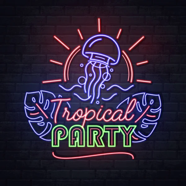 Neon sign tropic party with jellyfish and tropic leaves. Vintage electric signboard. — 图库矢量图片