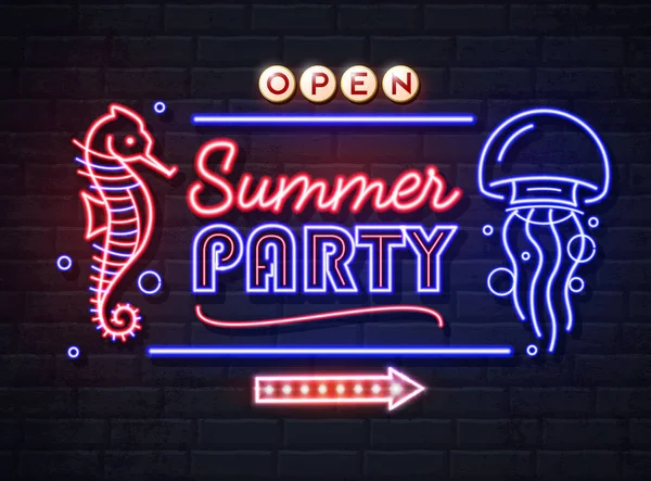 Neon sign summer party with sea hourse and jellyfish. Vintage electric signboard. — 图库矢量图片