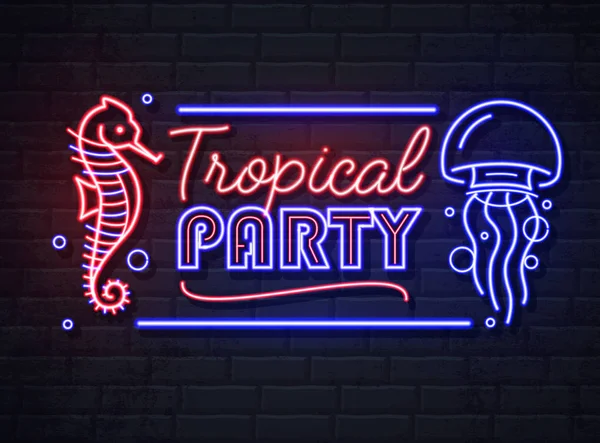 Neon sign tropical party with sea hourse and jellyfish. Vintage electric signboard. — Stock Vector
