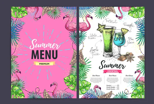餐厅夏季菜单设计与热带树叶和火烈鸟。 快餐菜单 — 图库矢量图片