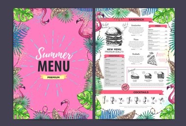 Tropik yapraklı ve flamingolu restoran yaz menüsü tasarımı. Fast food menüsü
