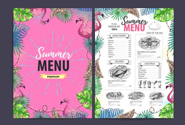 Tropik yapraklı ve flamingolu restoran yaz menüsü tasarımı. Fast food menüsü
