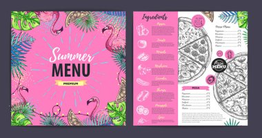 Tropik yapraklı ve flamingolu restoran yaz menüsü tasarımı. Fast food menüsü