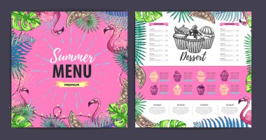 Tropik yapraklı ve flamingolu restoran yaz menüsü tasarımı. Fast food menüsü