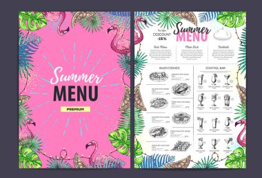 Tropik yapraklı ve flamingolu restoran yaz menüsü tasarımı. Fast food menüsü