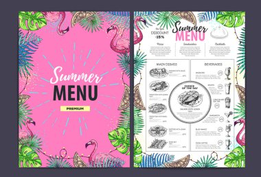 Tropik yapraklı ve flamingolu restoran yaz menüsü tasarımı. Fast food menüsü