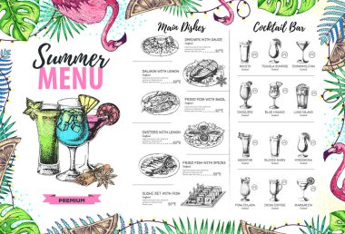 Tropik yapraklı ve flamingolu restoran yaz menüsü tasarımı. Fast food menüsü