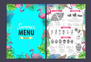 Tropik yapraklı ve flamingolu restoran yaz menüsü tasarımı. Fast food menüsü