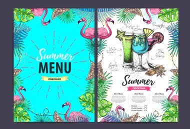 Tropik yapraklı ve flamingolu restoran yaz menüsü tasarımı. Fast food menüsü