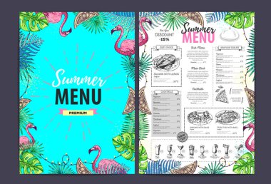 Tropik yapraklı ve flamingolu restoran yaz menüsü tasarımı. Fast food menüsü
