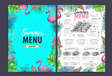 Tropik yapraklı ve flamingolu restoran yaz menüsü tasarımı. Fast food menüsü