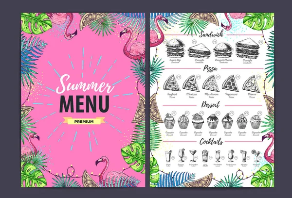 Restaurante de diseño de menú de verano con hojas tropicales y flamenco. Menú de comida rápida — Vector de stock