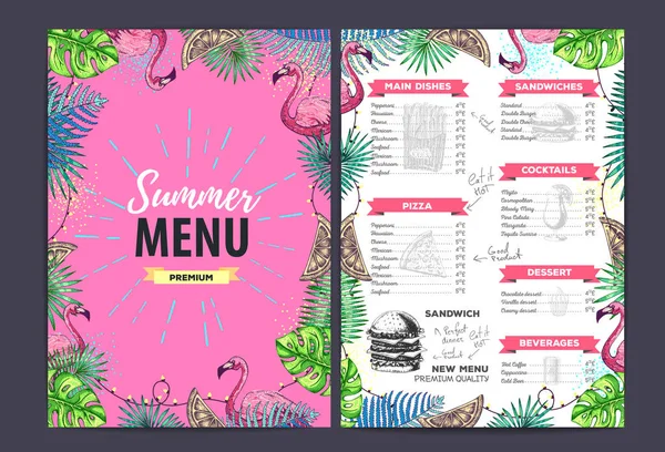 Design de menu de verão restaurante com folhas trópicas e flamingo. Menu de fast food — Vetor de Stock