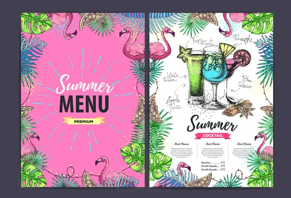 Restaurant Sommermenü-Design mit tropischen Blättern und Flamingo. Fast-Food-Karte — Stockvektor