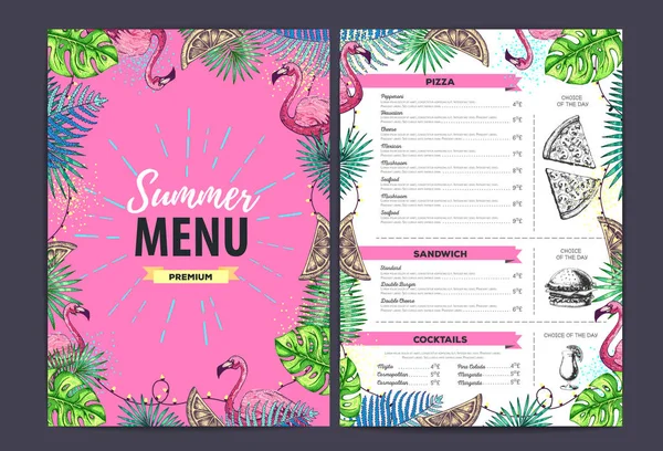 Restaurang sommarmeny design med tropiska blad och flamingo. Snabbmatsmeny — Stock vektor