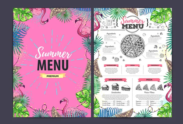 Restaurant summer menu design with tropic leaves and flamingo. Fast food menu — Stock Vector