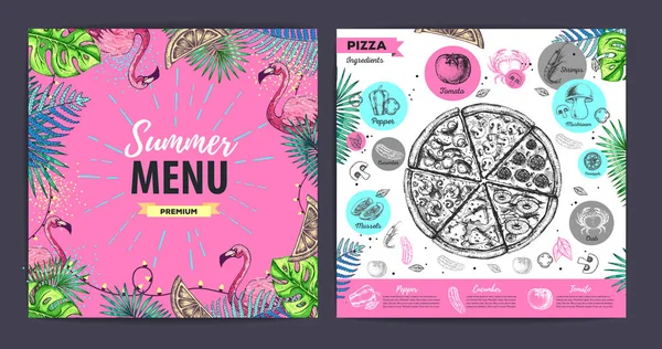 Restauracja letni projekt menu z liści tropikalnych i flaminga. Menu Fast food — Wektor stockowy
