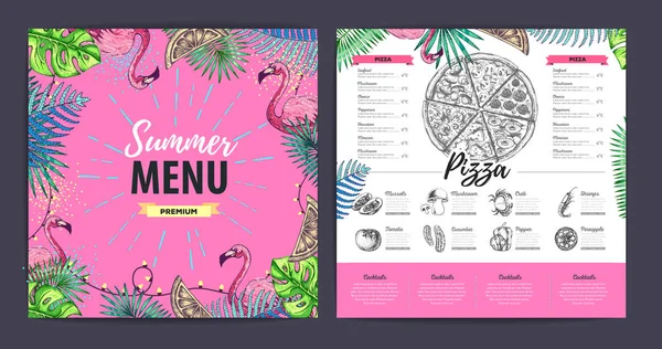 Restaurant summer menu design with tropic leaves and flamingo. Fast food menu — Stock Vector
