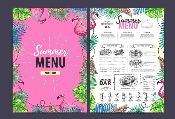 Restaurace letní menu design s tropickými listy a flamingo. Rychlé občerstvení — Stockový vektor