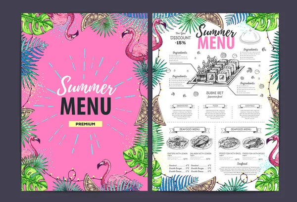 Restaurant Sommermenü-Design mit tropischen Blättern und Flamingo. Fast-Food-Karte — Stockvektor