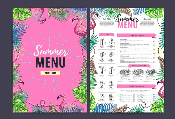 Restaurace letní menu design s tropickými listy a flamingo. Rychlé občerstvení — Stockový vektor