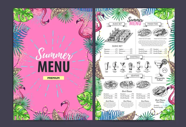 Restaurang sommarmeny design med tropiska blad och flamingo. Snabbmatsmeny — Stock vektor