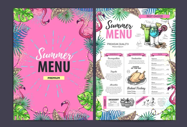 餐厅夏季菜单设计与热带树叶和火烈鸟。 快餐菜单 — 图库矢量图片