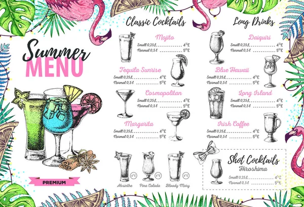 Restaurant Sommermenü-Design mit tropischen Blättern und Flamingo. Fast-Food-Karte — Stockvektor