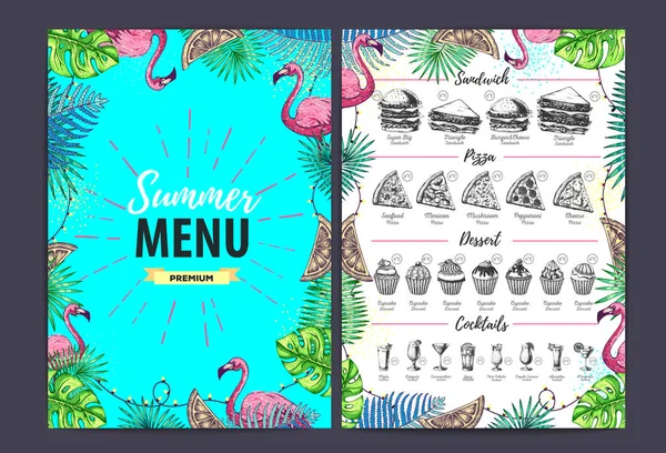 Restaurante de diseño de menú de verano con hojas tropicales y flamenco. Menú de comida rápida — Archivo Imágenes Vectoriales