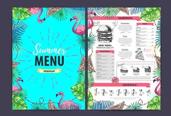 Ресторан летнее меню дизайн с тропическими листьями и фламинго. Меню быстрого питания — стоковый вектор