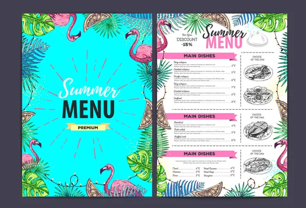 Design de menu de verão restaurante com folhas trópicas e flamingo. Menu de fast food — Vetor de Stock