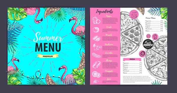 Restaurace letní menu design s tropickými listy a flamingo. Rychlé občerstvení — Stockový vektor
