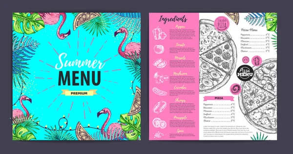 Restauracja letni projekt menu z liści tropikalnych i flaminga. Menu Fast food — Wektor stockowy